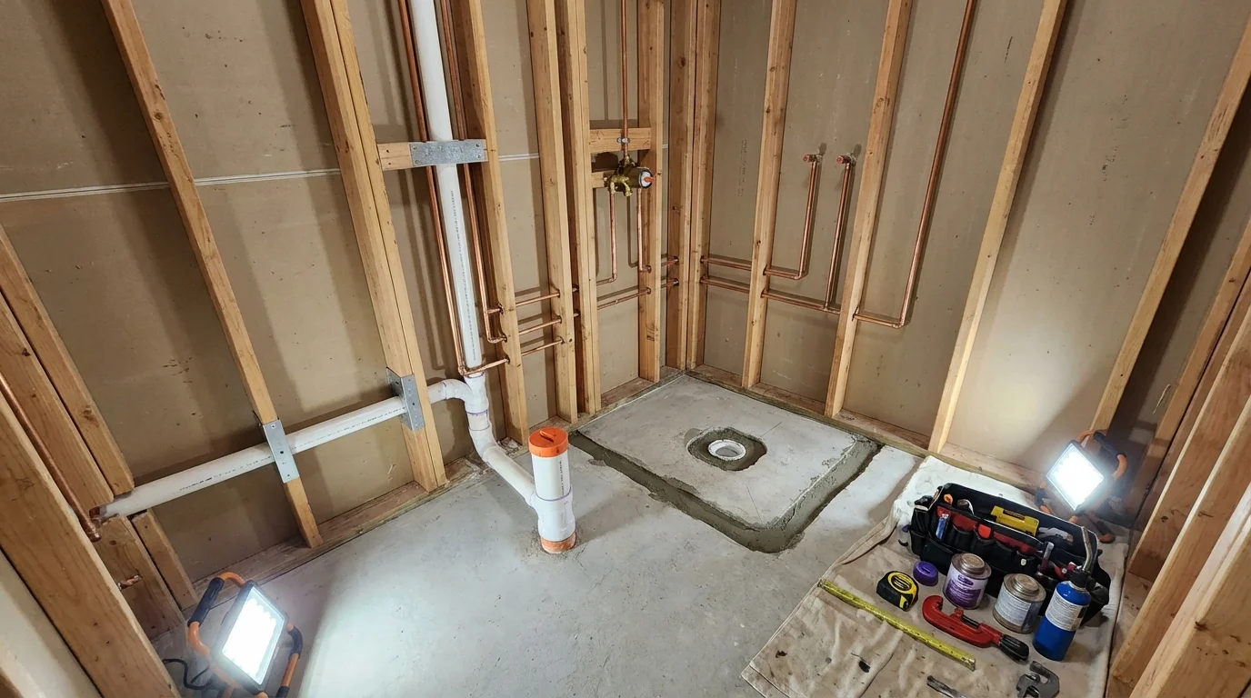 Bathroom rough-in plumbing during remodel by Johns Plumbing LLC in Nicholls