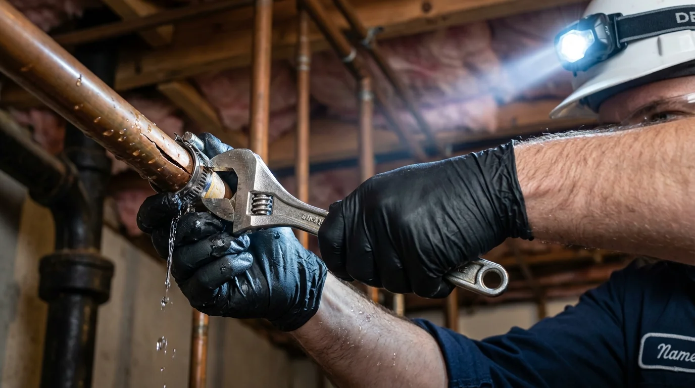 Emergency pipe clamp repair being performed by a Johns Plumbing LLC plumber in Nicholls