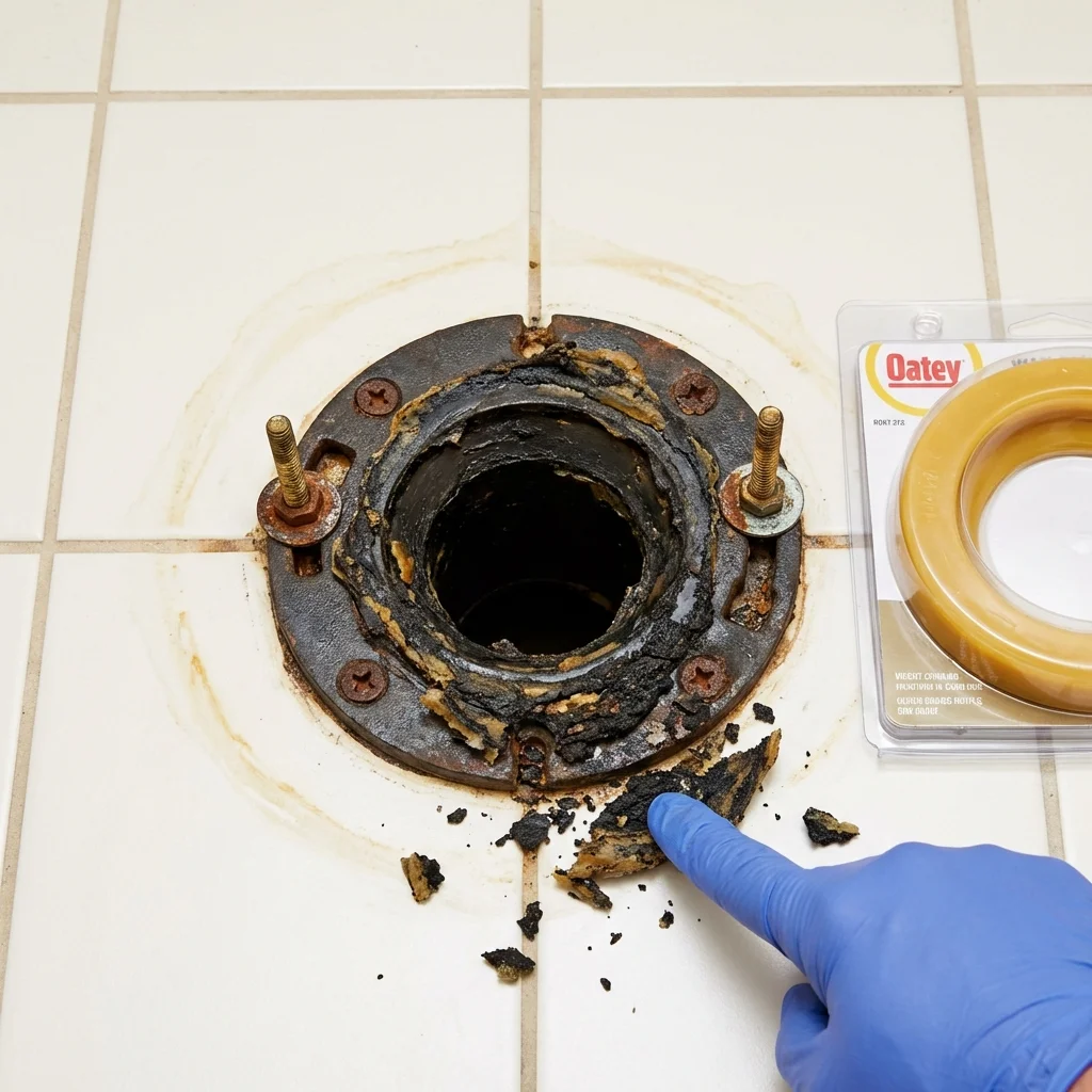 Failed wax ring showing water seepage at the base of a toilet in a Nicholls, GA home