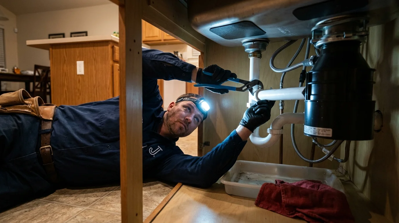 P-trap and supply line connections under a kitchen sink showing a common leak point in Nicholls, GA